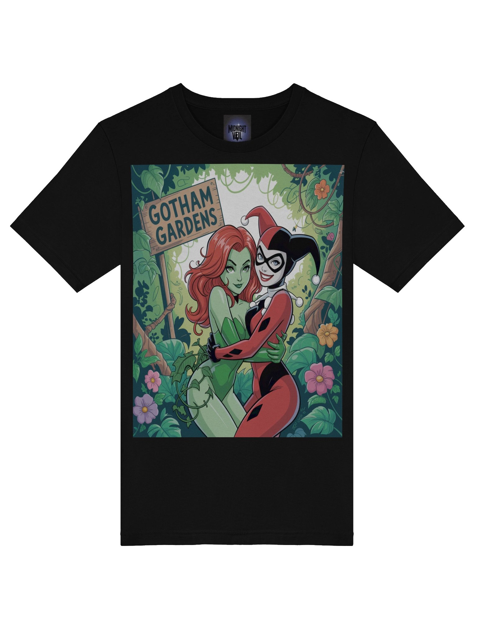 Gotham Gardens Embrace: Poison Ivy and Harley Quinn's Verdant Vines Graphic Tee product image (7)