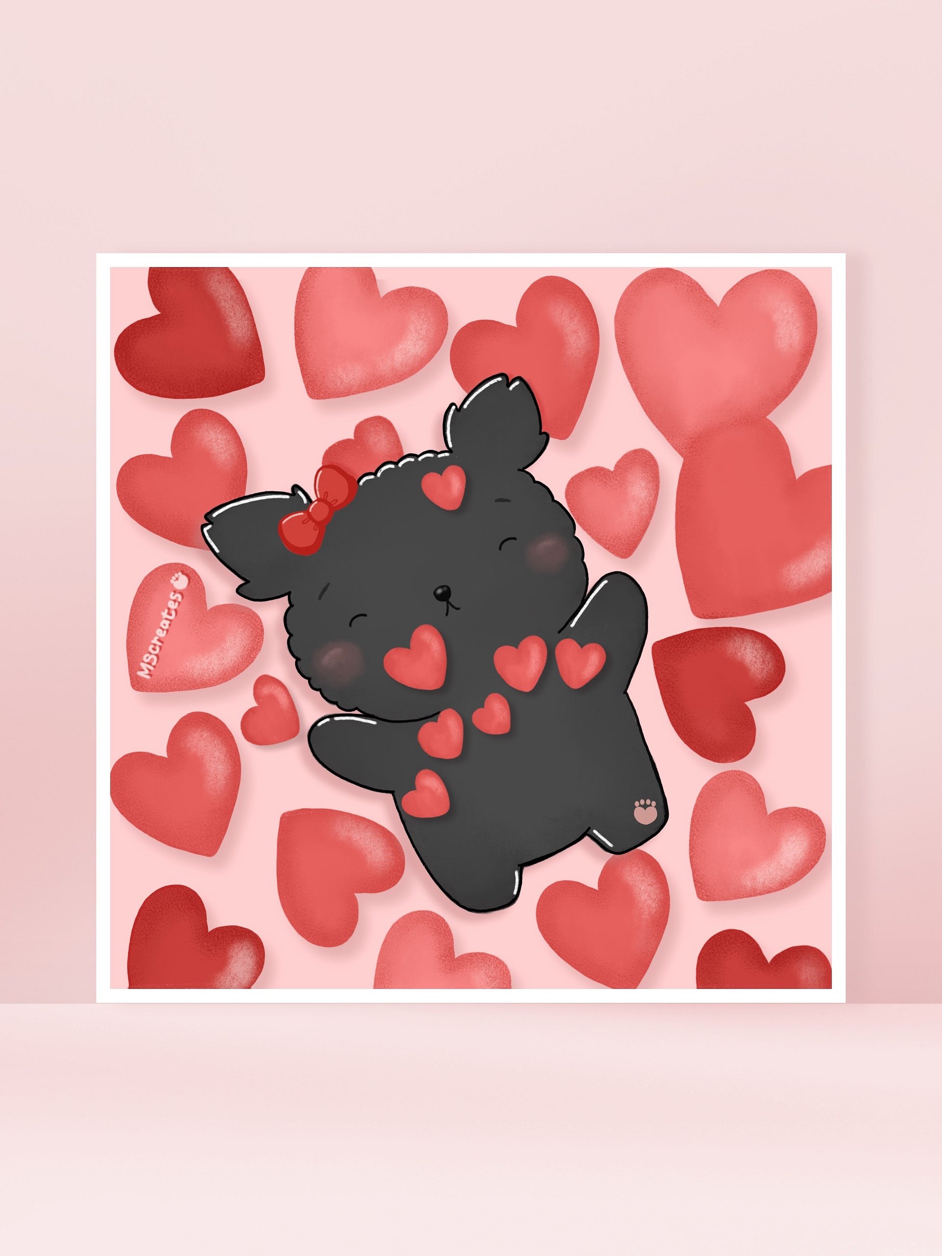 Little Black Dog Laying in a Sea of Hearts Print product image (1)