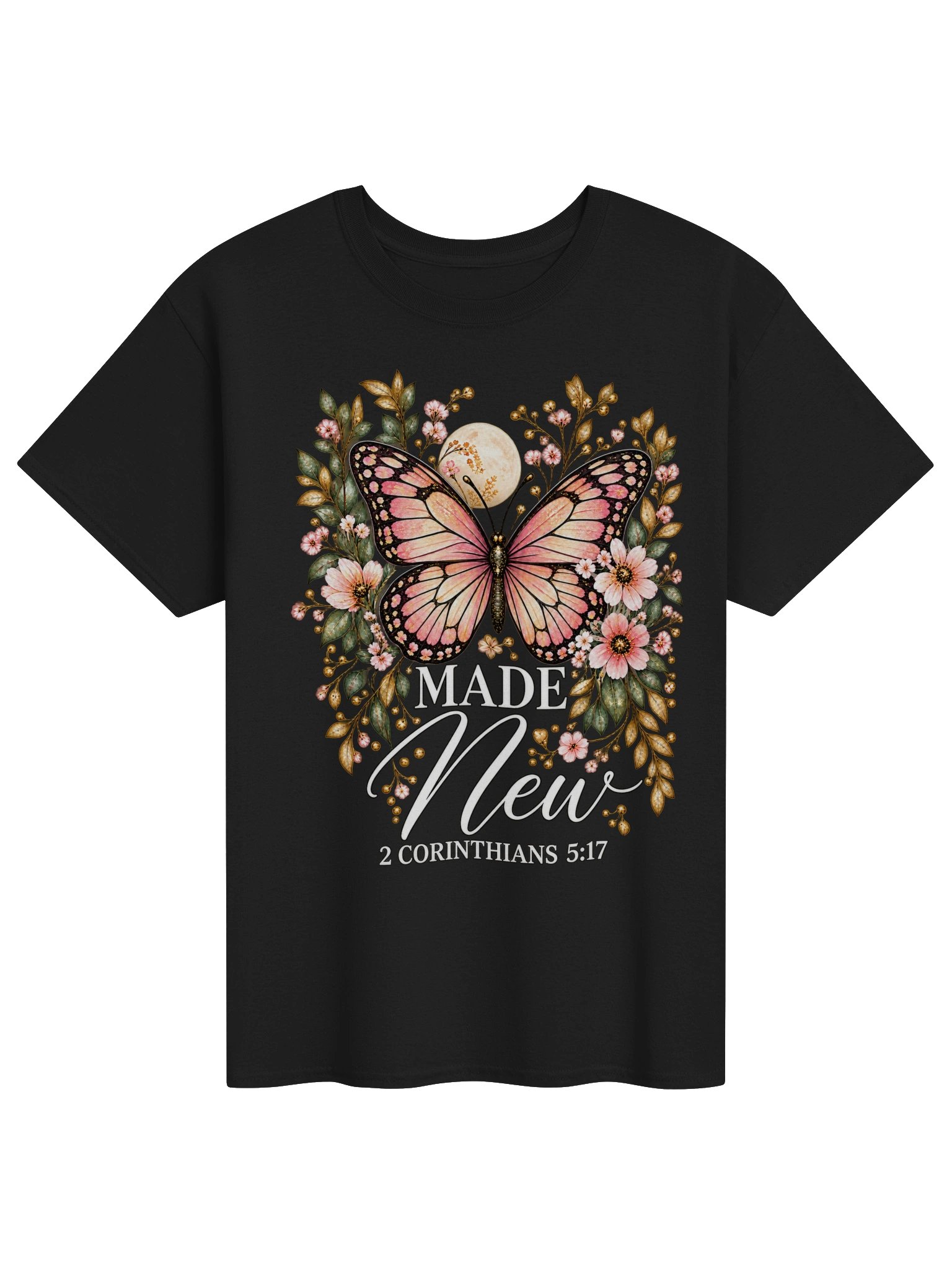 Made New Butterfly Christian T-Shirt – 2 Corinthians 5:17 Floral Faith Tee product image (1)