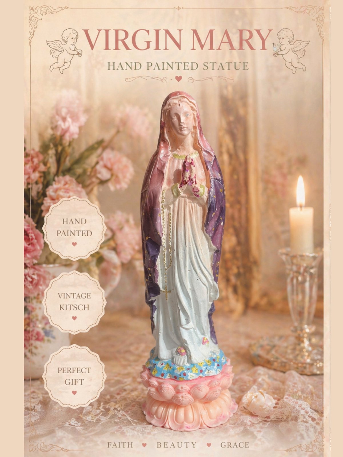 Hand-Painted Virgin Mary Statue 27cm | Pastel Ombre Religious Figurine product image (4)