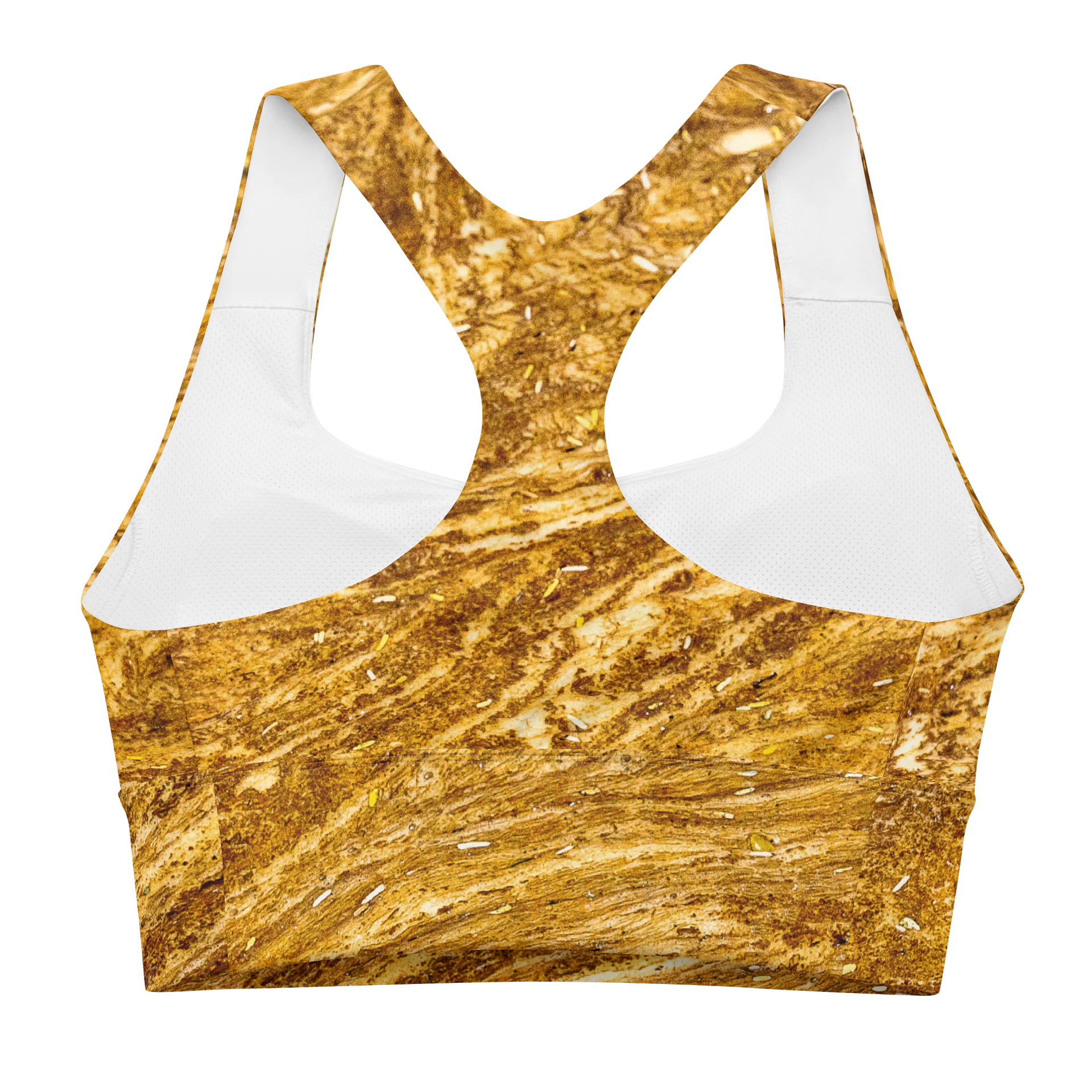 Golden Strata: Golden Amber Marble Recycled Longline Sports Bra | All-Over Print Padded Yoga Bra Top | Eco-Friendly Earthy Ochre Crop Top product image (2)