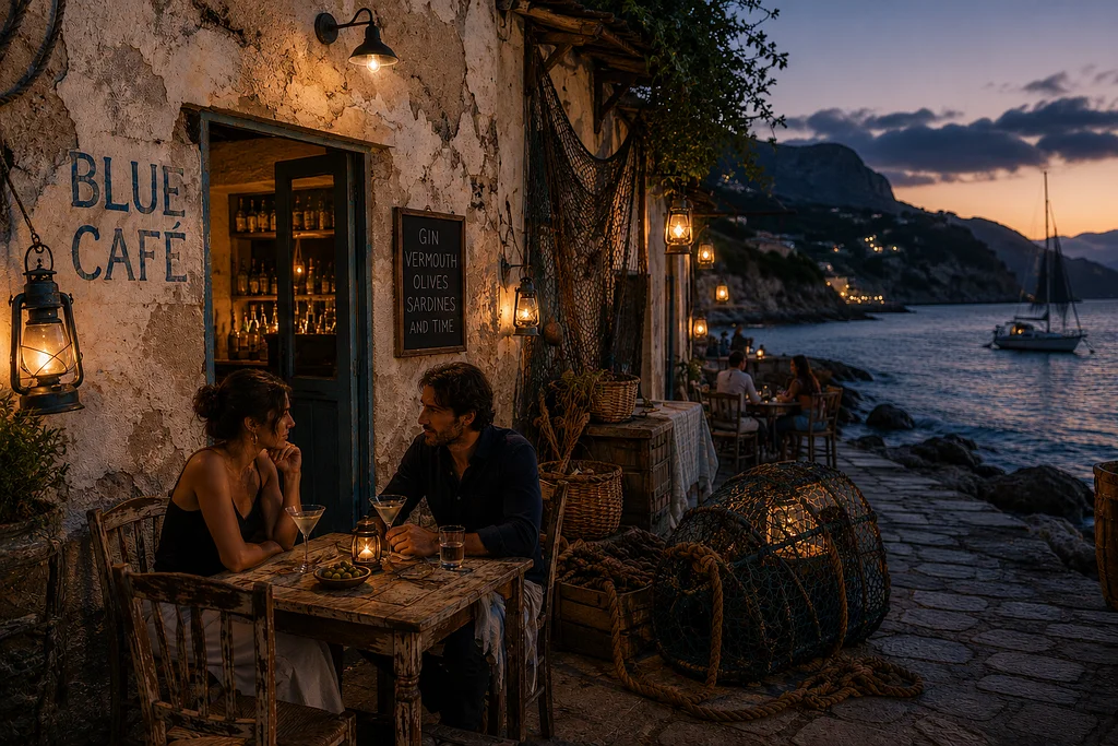 Couple enjoying cocktails at a rustic seaside café at dusk, with lanterns, fishing nets, a sailboat, and a rocky coastal harbor in the background.