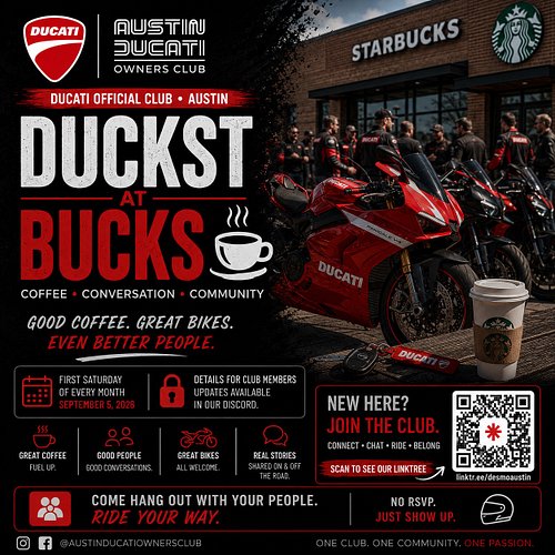 ☕🏍️ DUCKST AT BUCKS

Good coffee. Great bikes. Even better people.

Duckst at Bucks is back this Saturday.

No route. No agen...