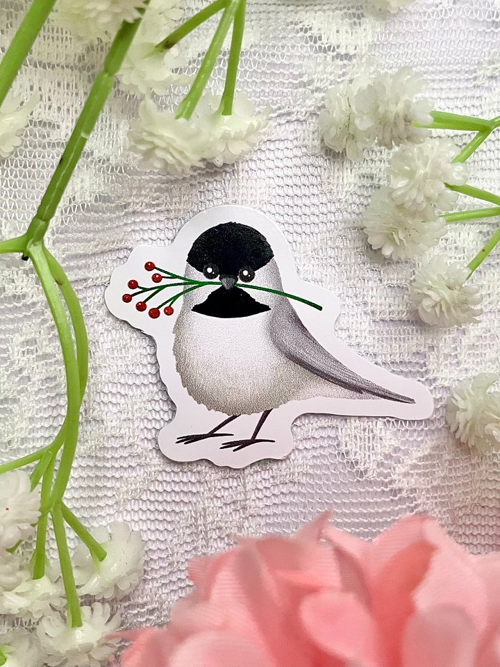 Chickadee With Red Berries Vinyl Sticker product image (1)