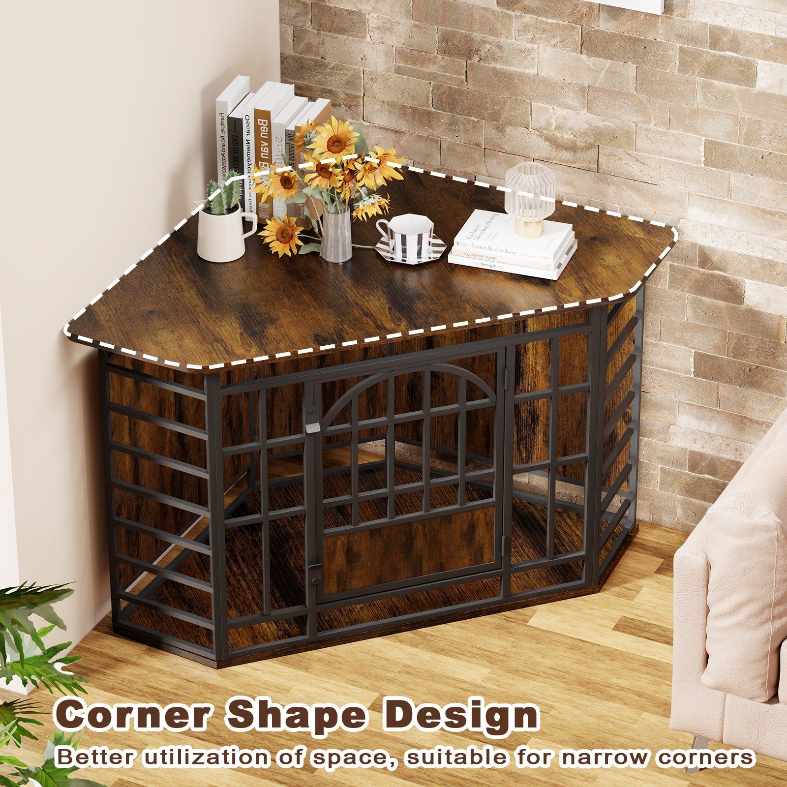52 inch Corner Dog Crate Wooden Large Dog Kennel Indoor, Large Indoor Dog Crate Decorative Pet House for Medium Large Dogs Vintage Brown product image (7)