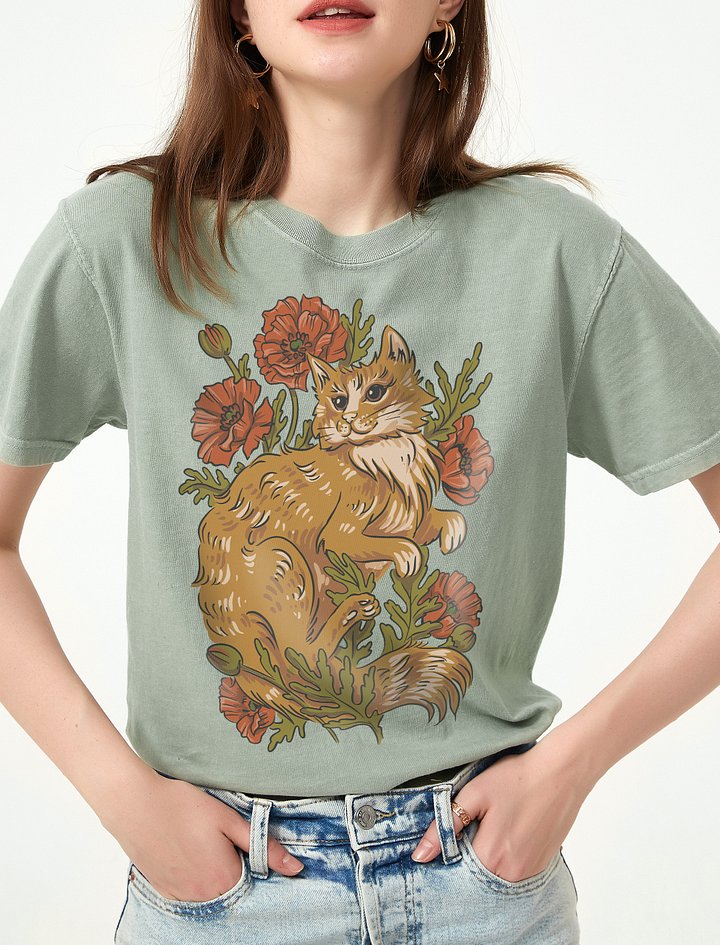 Goblincore and Cottagecore Shirts for Cat Lovers | Red House Cat on Poppies Flowers Botanicals T-Shirt product image (1)