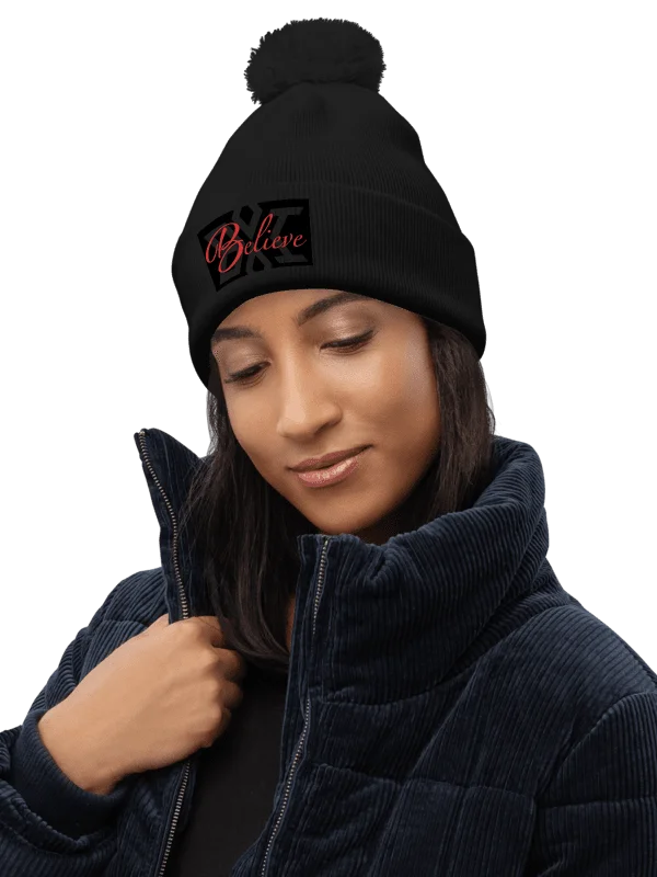 Cozy ‘Believe’ Holiday Pom Pom Beanie product image (1)