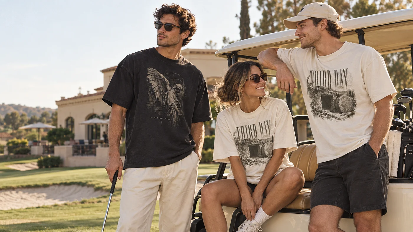 Friends wearing GOD WILLING tees beside a golf cart