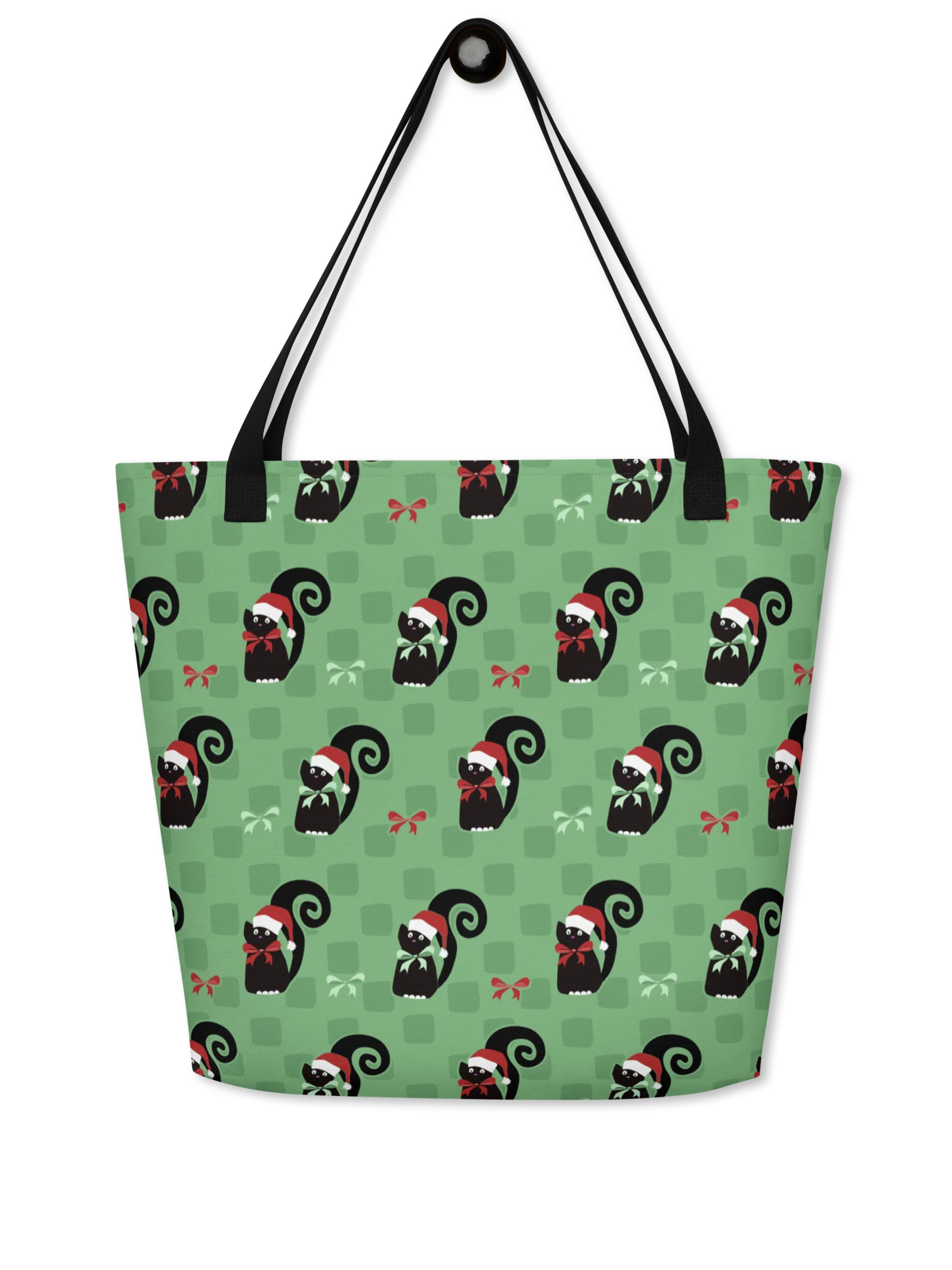 Black Christmas Kitties On Mint Green Checkerboard – Large Tote Bag product image (1)