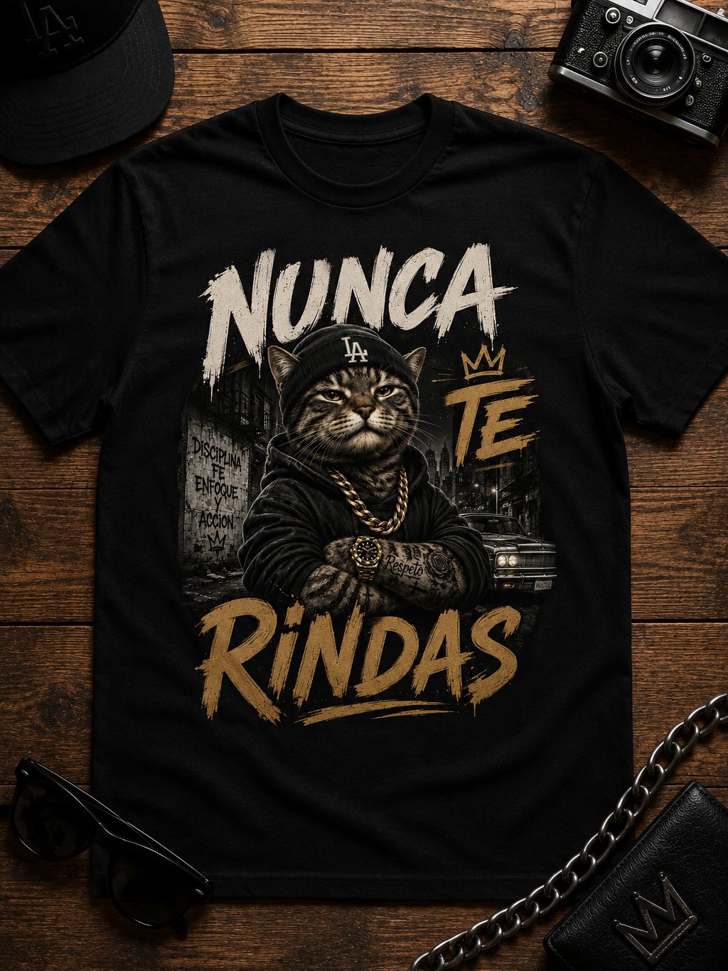 Camiseta Nunca Te Rindas – Diseño Urbano Streetwear de Gato Gangster Motivacional product image (1)