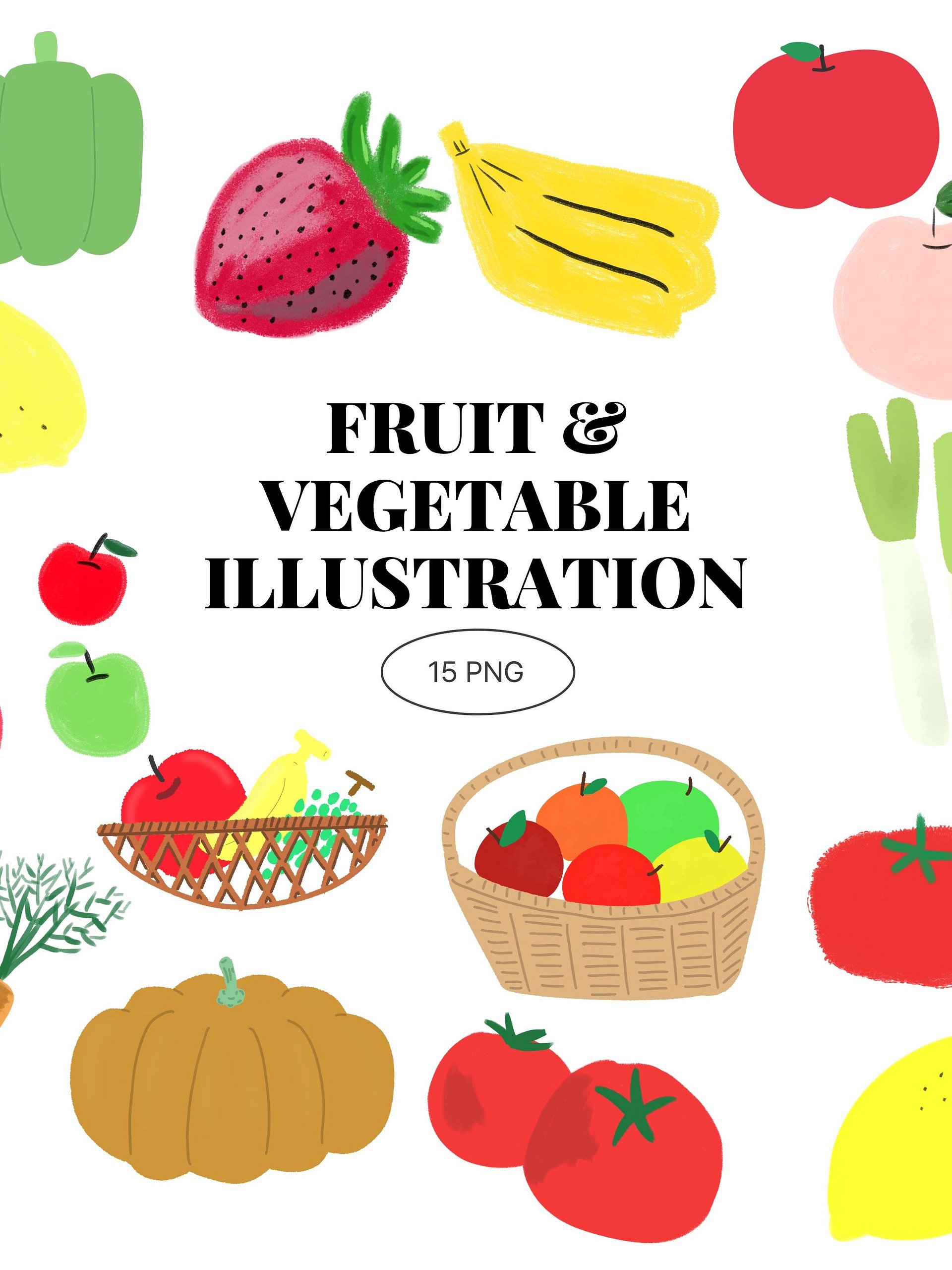 15 Hand-Drawn Fruit & Vegetable PNG Clipart Bundle product image (1)