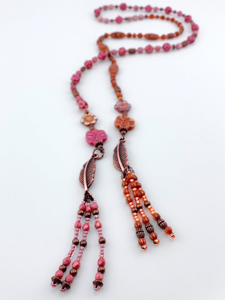 Pink and Orange Glass Beaded Fringe Lariat Style Necklace Set product image (1)