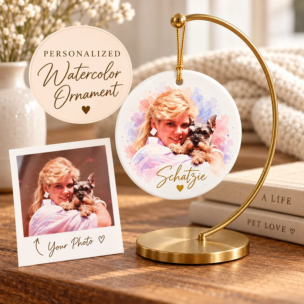 Personalized watercolor pet ornament created from a favorite pet photo