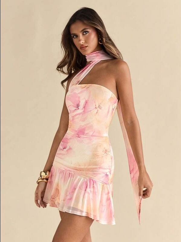 Floral Print Asymmetric Strapless Backless Bodycon Mini Dress | Women's Elegant Ruched Party Dress for Wedding Guest & Night Out | ADLEST product image (4)