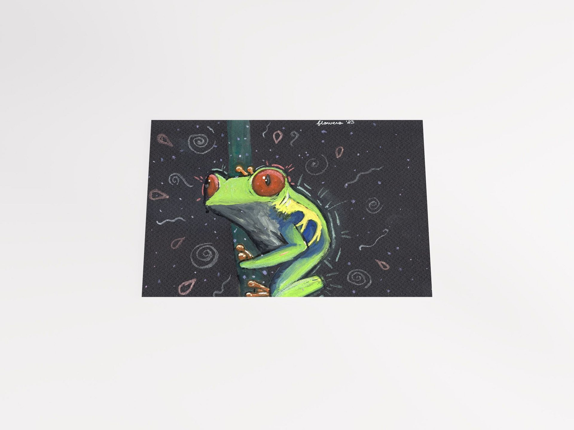 vibrant green tree frog - gouache and watercolour on black paper - print product image (12)