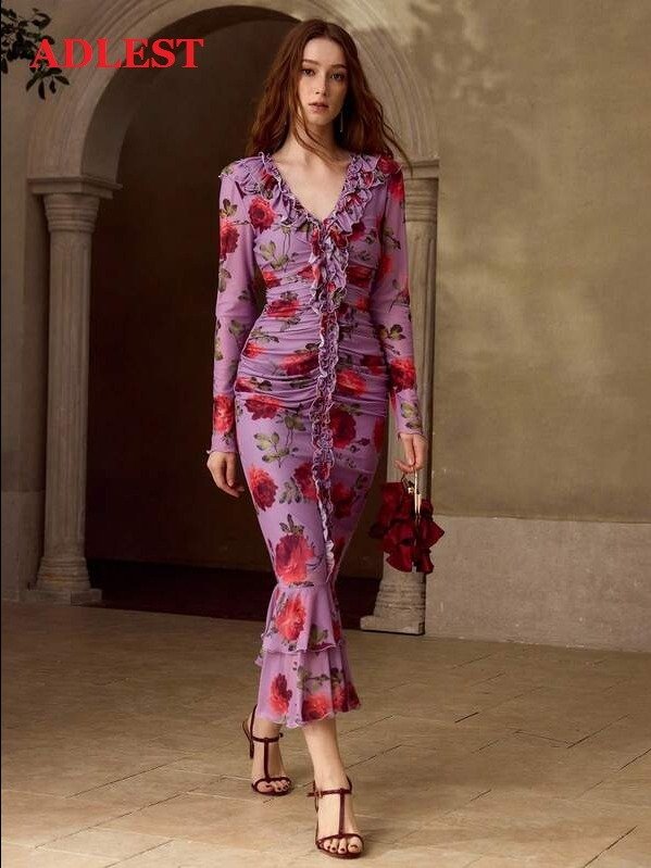 ADLEST | MOFT PREMIUM WOMEN'S ROMANTIC ROSE PRINT LONG SLEEVE MID-LENGTH DRESS, SPRING/SUMMER product image (6)