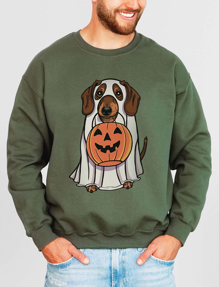 Funny Halloween Dachshund(Brown) Sweatshirt | Funny Doxie/Wiener Wearing a Ghost Costume and Holding a Pumpkin Basket product image (2)