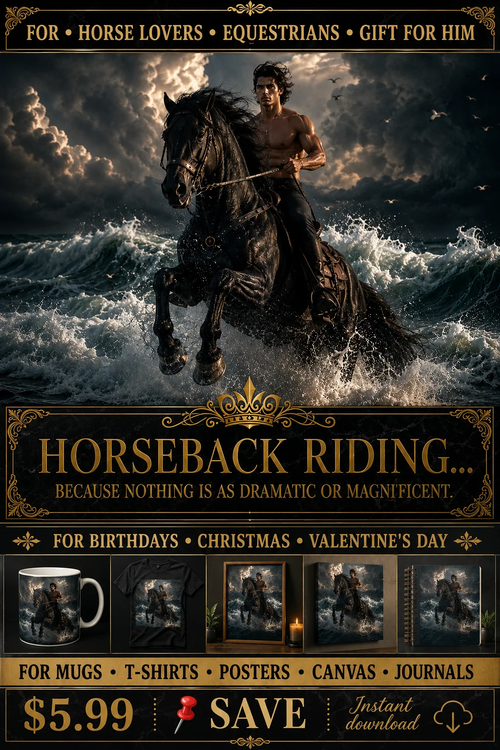 Dramatic Horseback Riding Gift For Equestrians Birthday Xmas Valentine Blue Wall Art Download product image (1)
