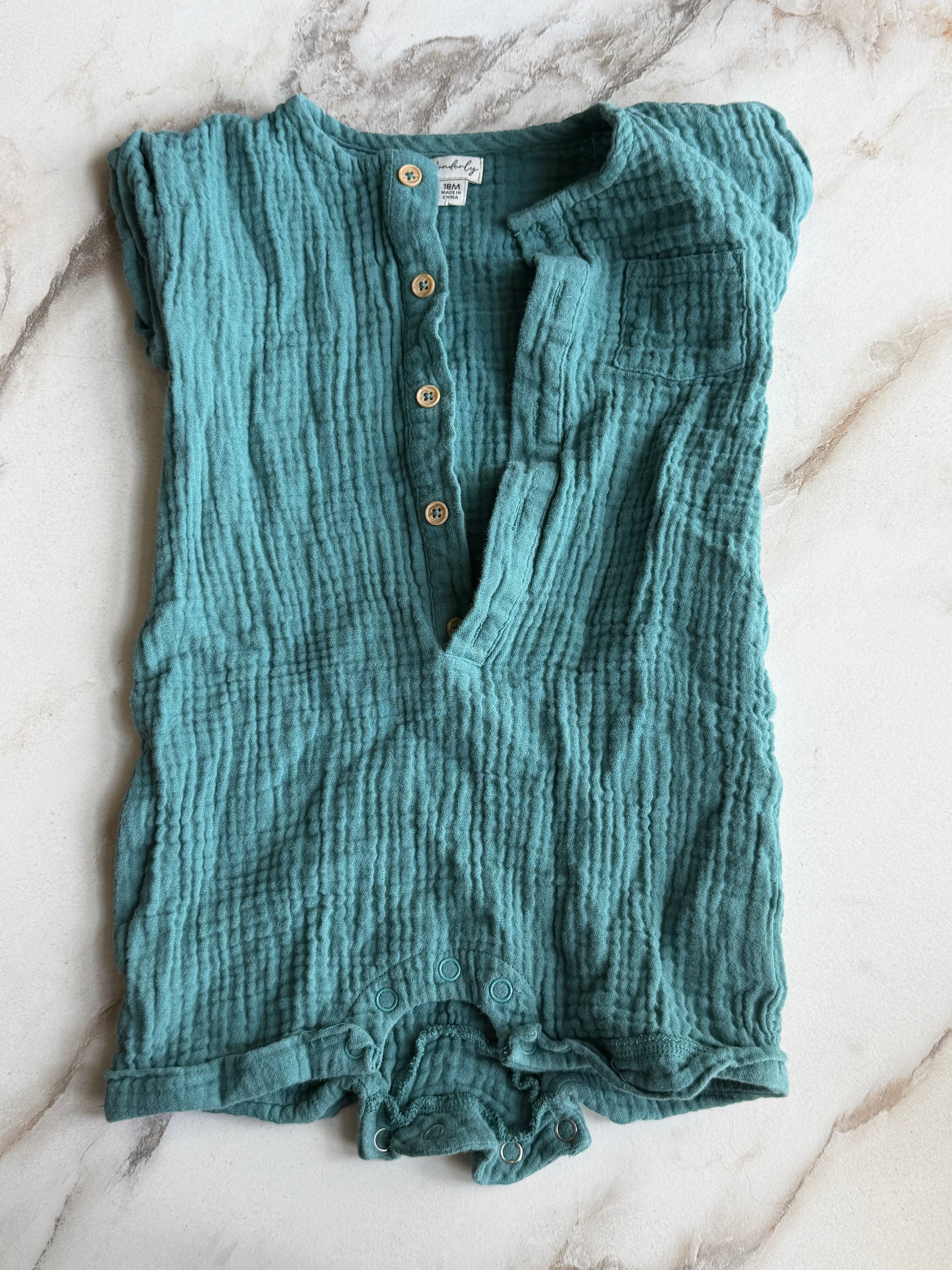 Wanderly 18M 100% Cotton Gauze Romper | Teal Button Front Baby One Piece product image (3)