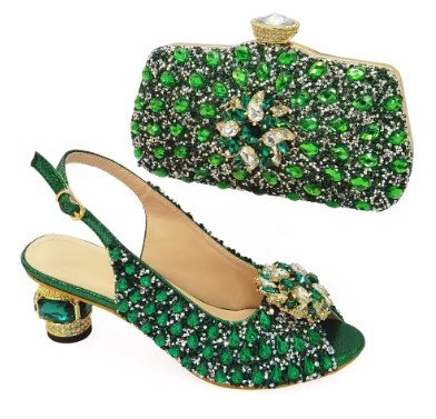Luxury Italian Women's Rhinestone Shoes and Matching Bag Set(Green) – Elegant Platform Sandals with Block Heels for Weddings, Parties & Evening Events product image (2)