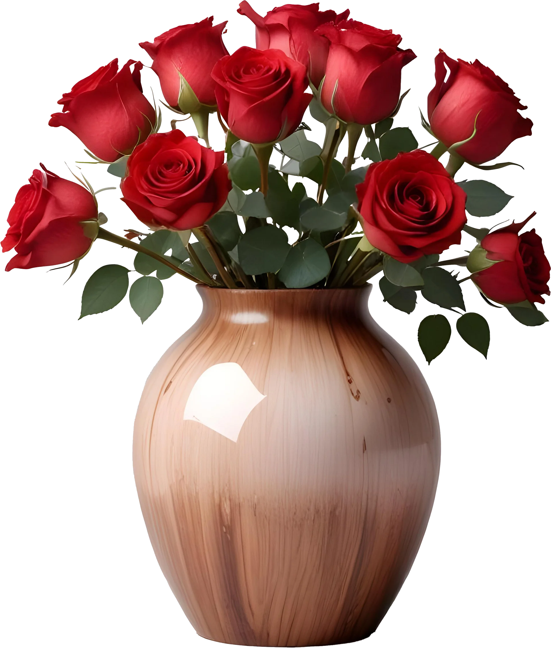 Glossy Wood-Effect Vase with Red Roses PNG product image (1)