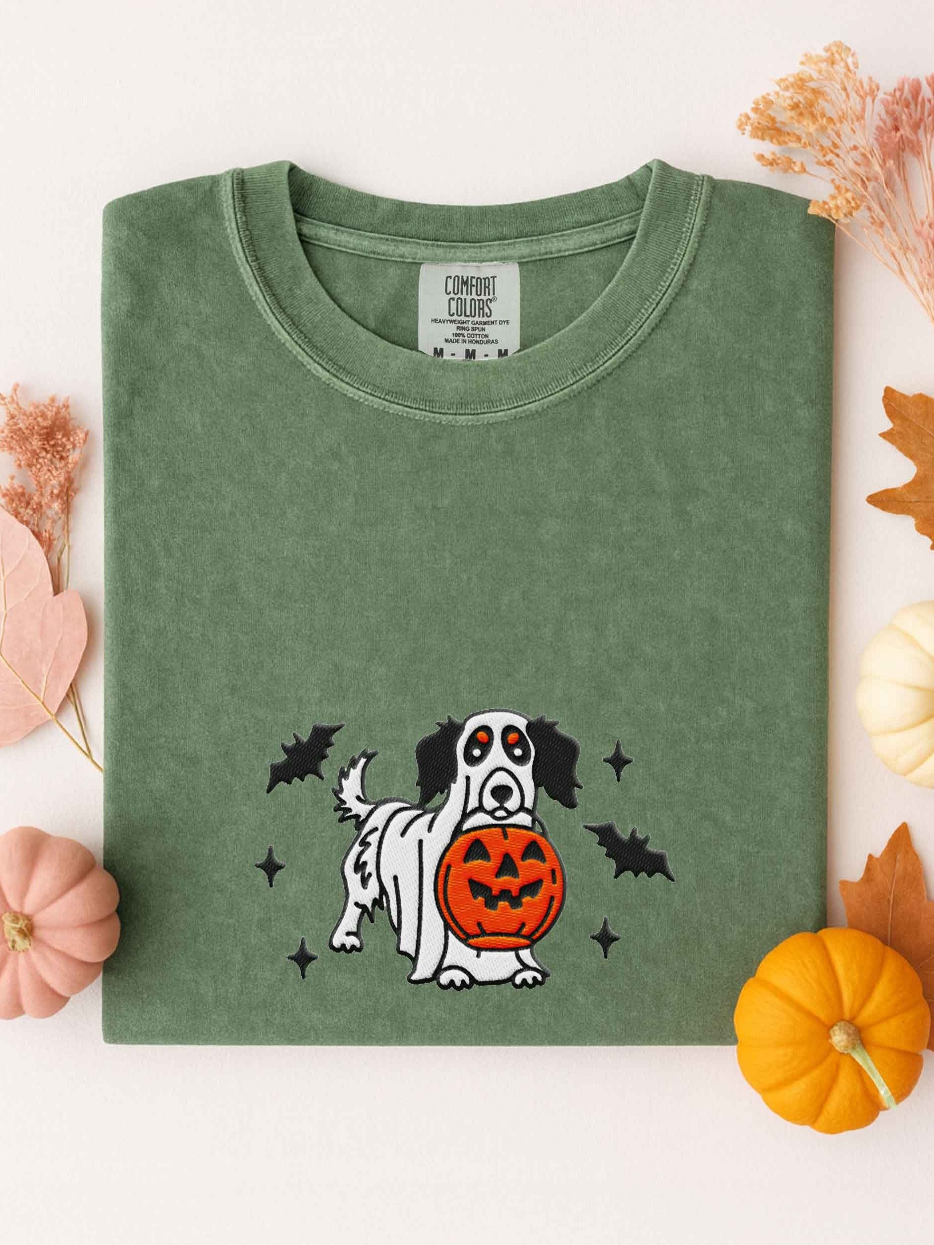 Halloween Longhaired Dachshund(Pied, Black) Embroidered T-Shirt product image (1)
