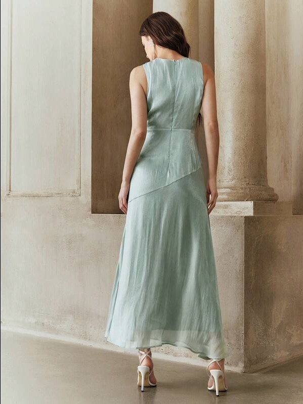 Women's Elegant Pleated Cross V-Neck Fitted Waist A-Line Dress, Shiny Fabric, Suitable For Party, Casual, Summer Holiday Elegant Wedding Guest Dress Light Green Dress Long Formal Dress product image (2)