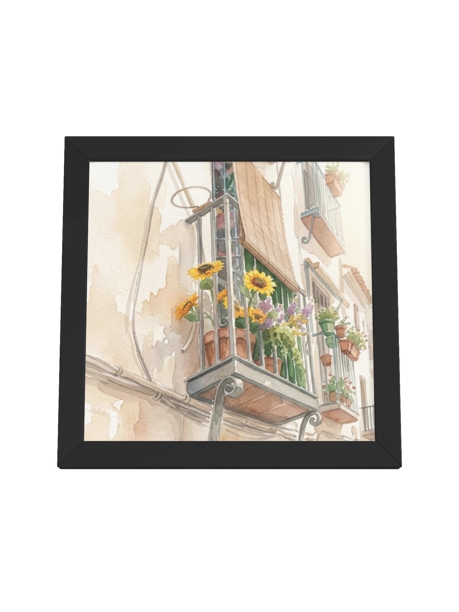 Mediterranean Balcony Watercolor Square Print | Sunflower Wall Art | European Street Scene Painting | Rustic Spanish Village Decor product image (6)