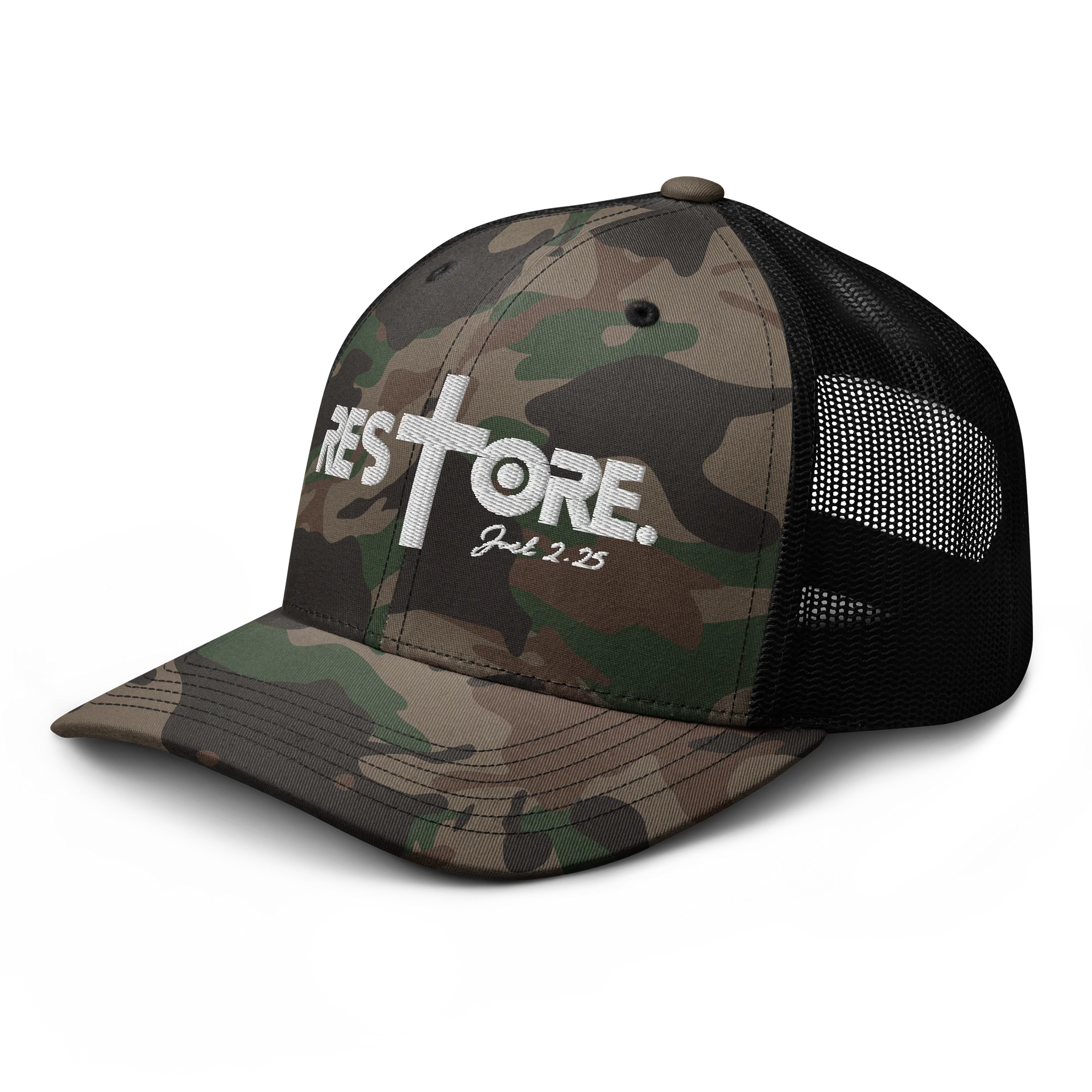 RESTORE™ Camo Trucker Hat | Joel 2:25 Christian Snapback | Faith-Inspired Mesh Cap | Scripture Apparel product image (4)