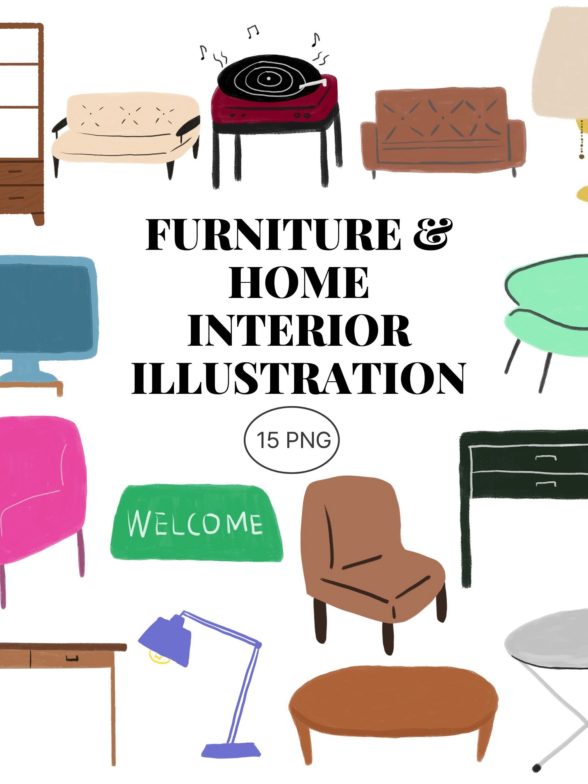 15 Hand-Drawn Furniture & Interior PNG Clipart Bundle product image (1)