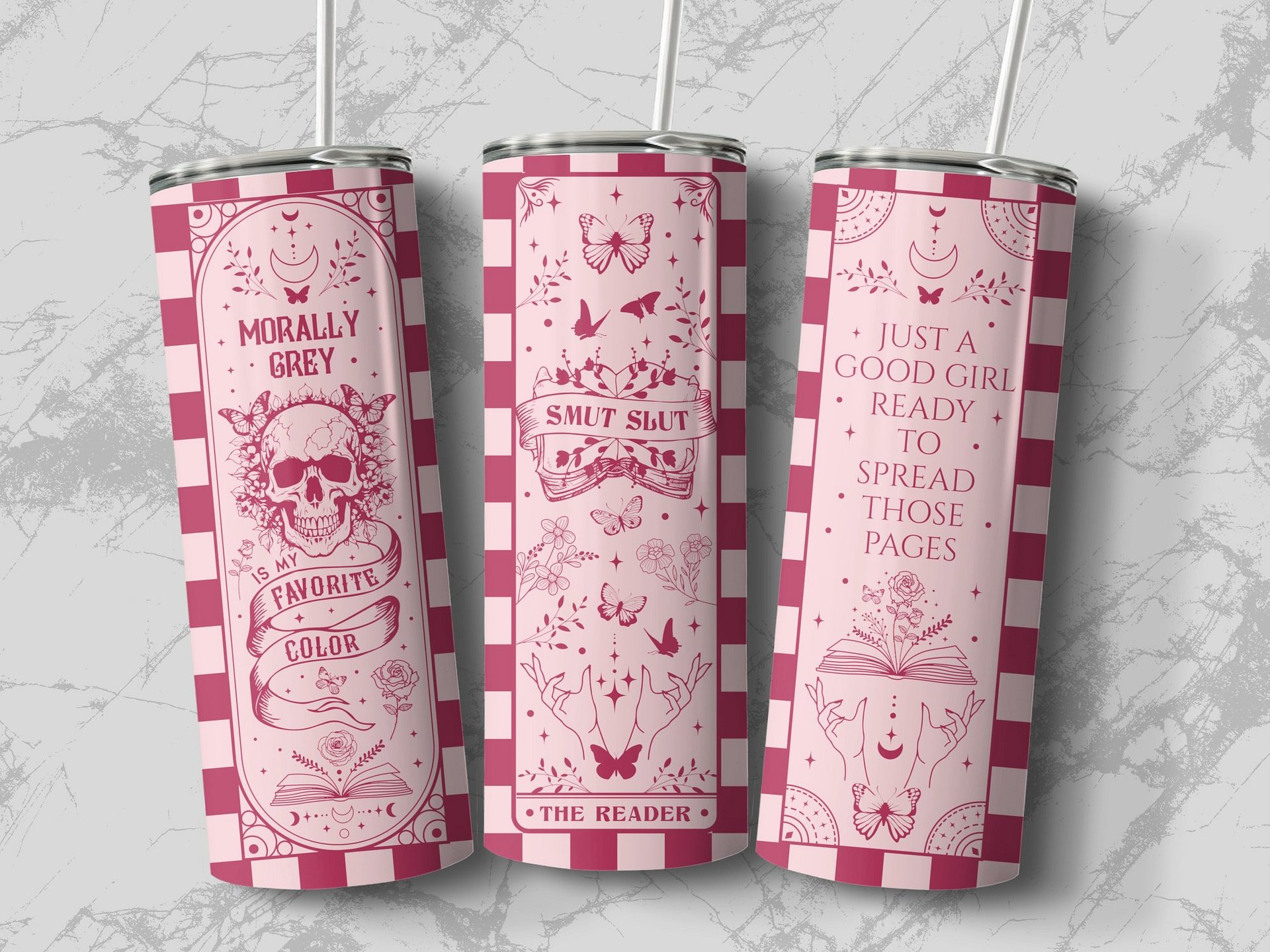 Smut Dark Romance 20oz Book Tumbler Full Wrap PNG, Checkered Pattern Pink, Spicy Morally Grey Seamless Sublimation Design, Digital Download product image (4)
