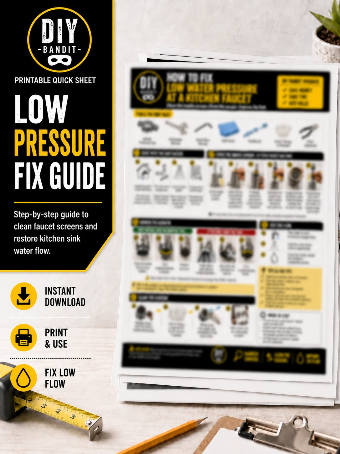 Kitchen Faucet Low Water Pressure Fix Guide | Aerator & Screen Cleaning Quick Sheet product image (1)