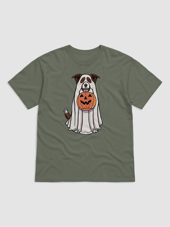 Funny Halloween Border Collie(Brown) T-Shirt | Funny Border Collie Wearing a Ghost Costume and Holding a Pumpkin Basket product image (1)
