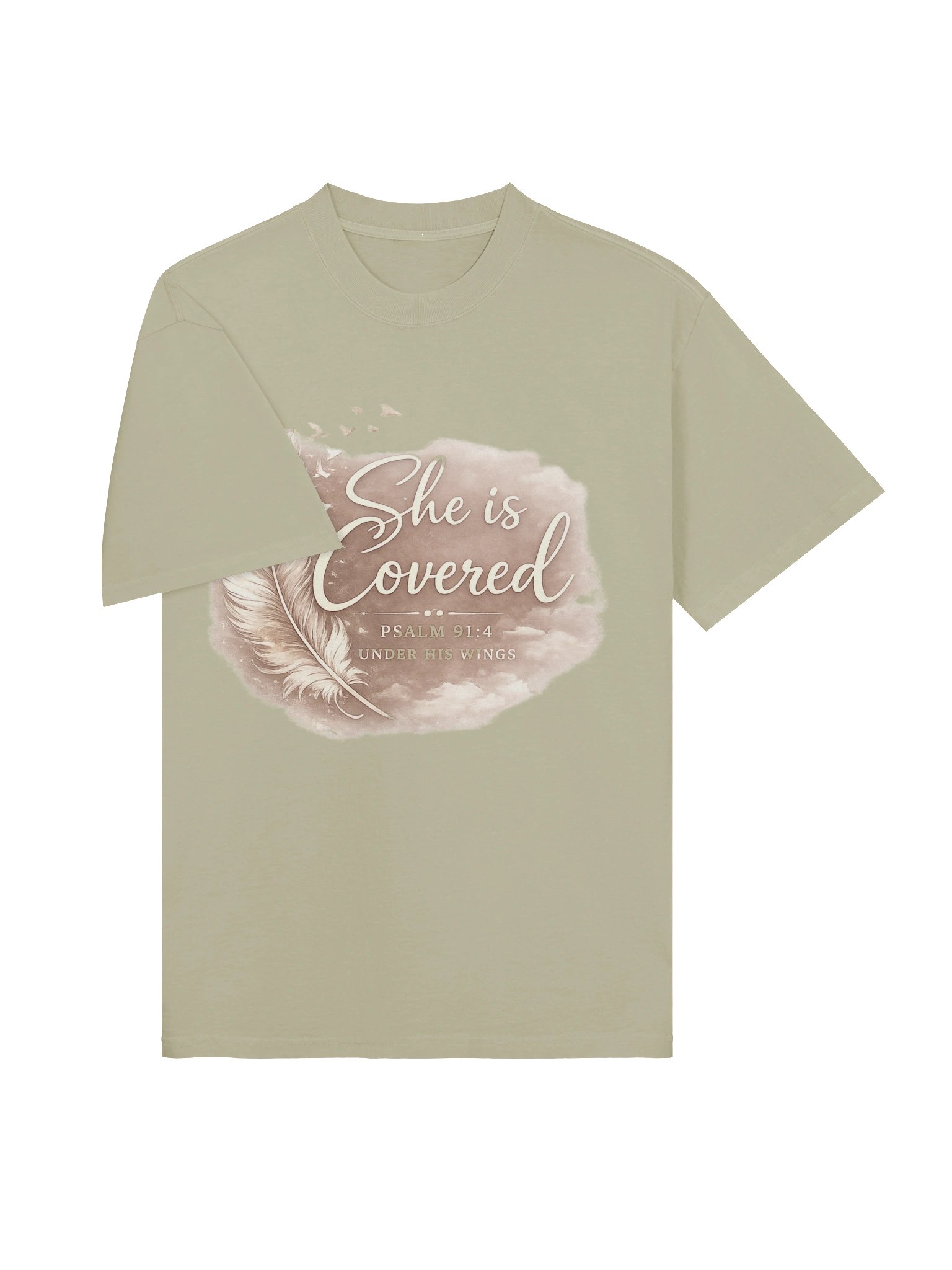 She Is Covered Oversized Tee | Psalm 91 Christian T-Shirt | Premium Heavyweight Pump Cover | Neutral Faith Apparel | Faded Eucalyptus product image (5)