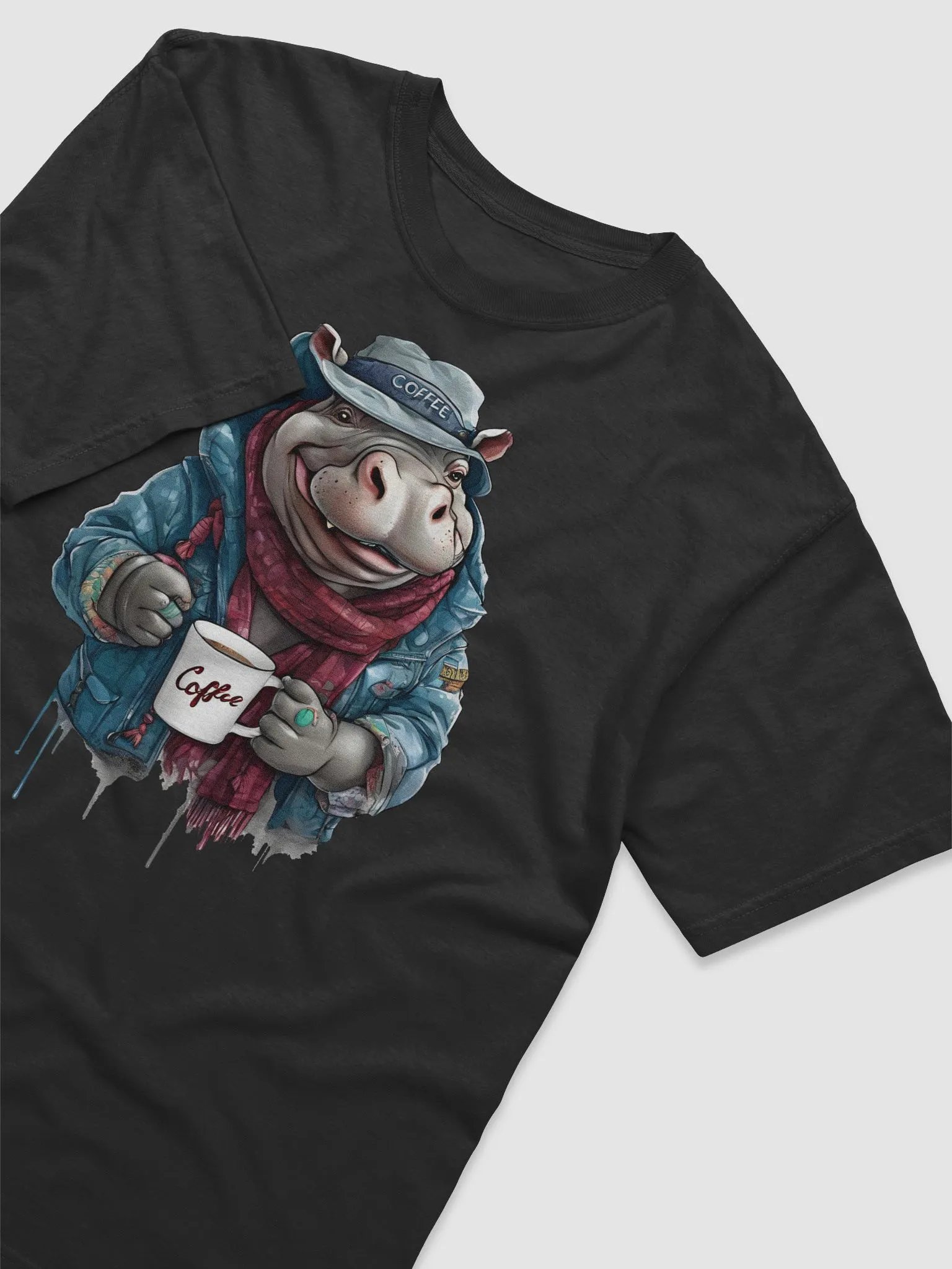 Hippopotamus wearing a jackets holding a cup coffee product image (3)