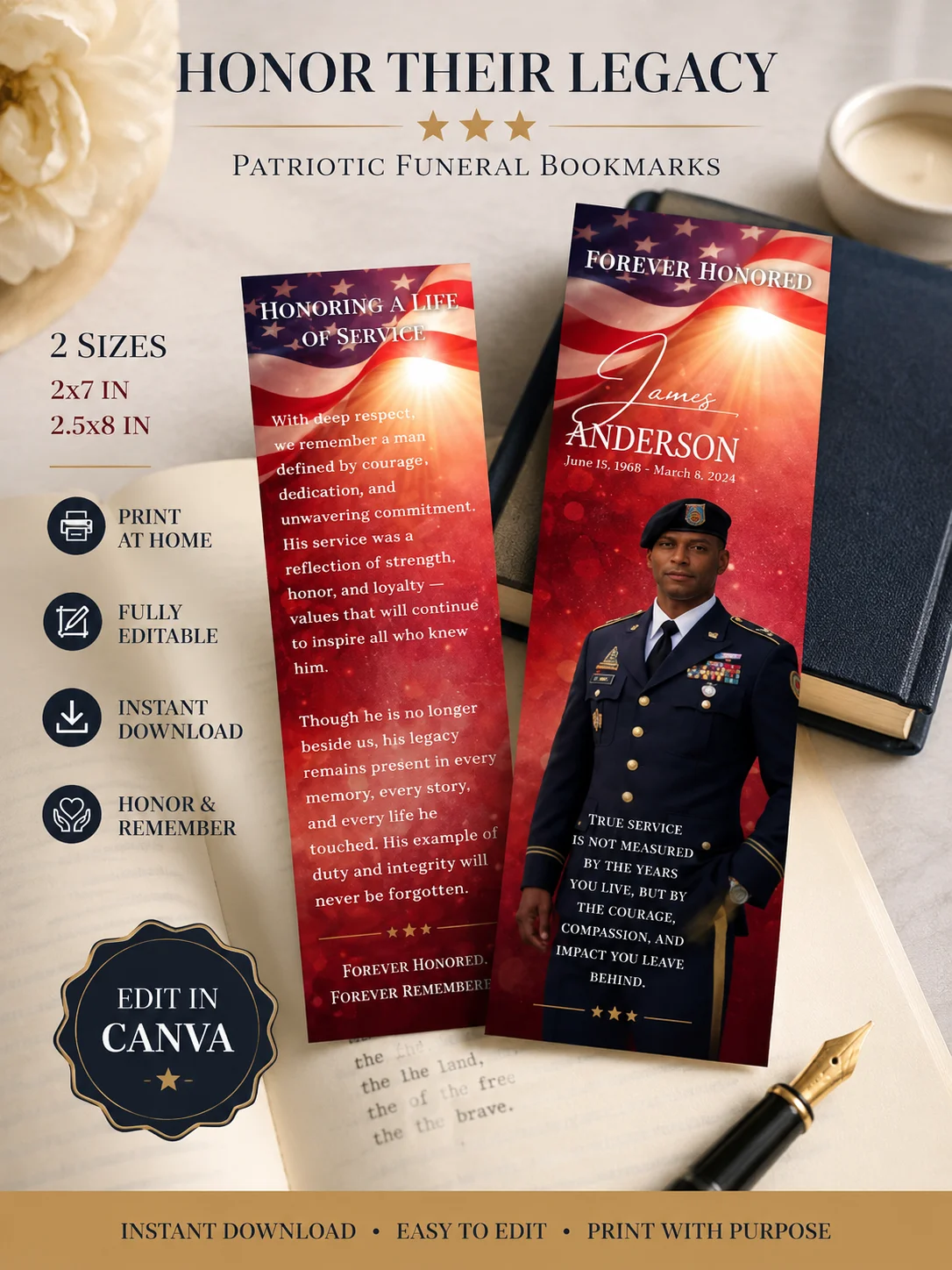 Military Funeral Bookmark Template, Veteran Obituary, Editable Canva product image (5)