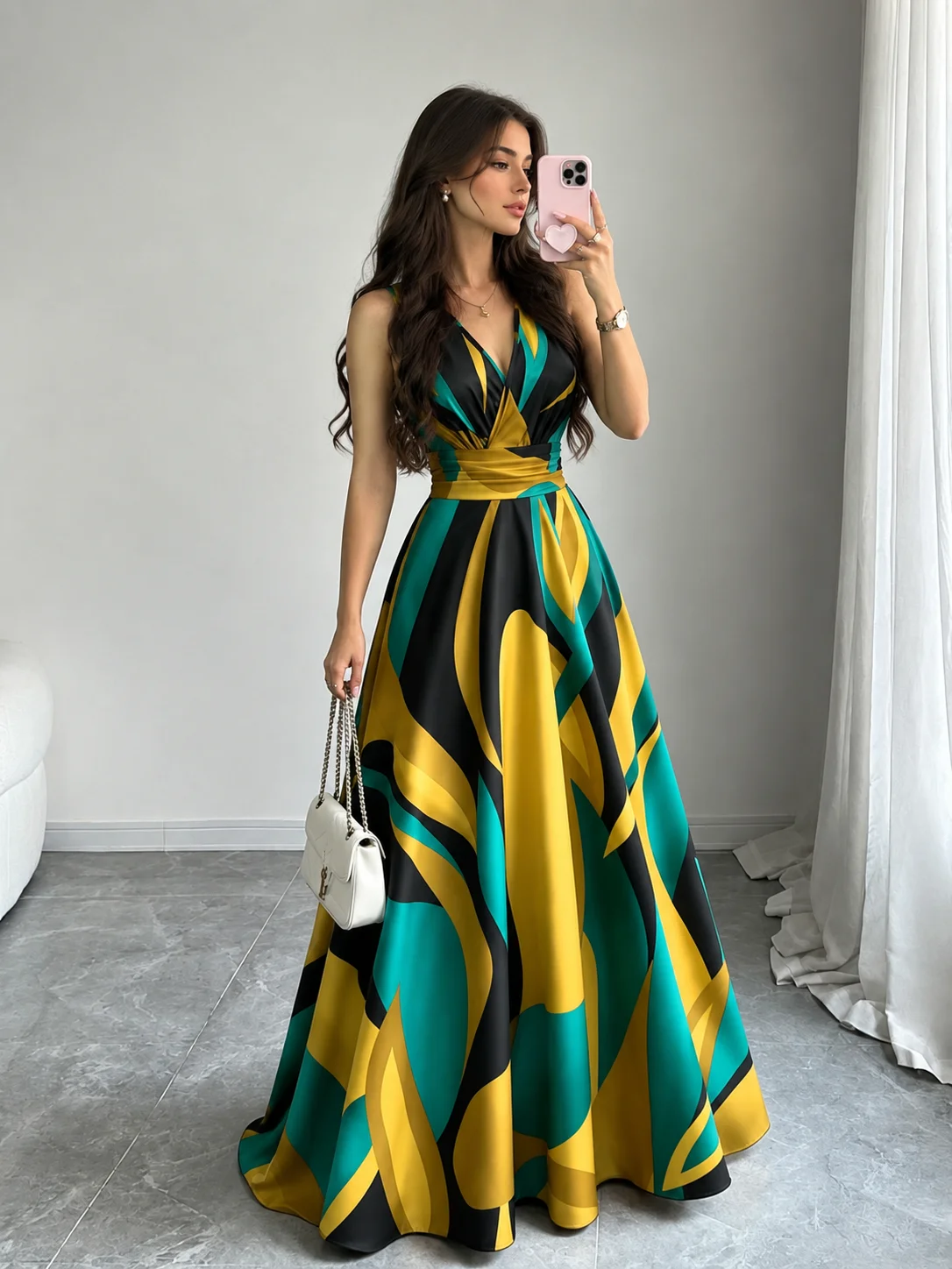 Elenzga Adlest New Vintage Spring/Summer French Style Elegant Fashionable Vacation Design Criss-Cross V-Neck Slimming Tall-Looking Brightening A-Line Maxi Dress Casual Daily product image (3)
