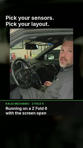 Pick your sensors. Pick your layout.

Kaiju Mechanic on a Z Fold 6 in the GT-R. Connect the OBD2 adapter and the gauges come ...