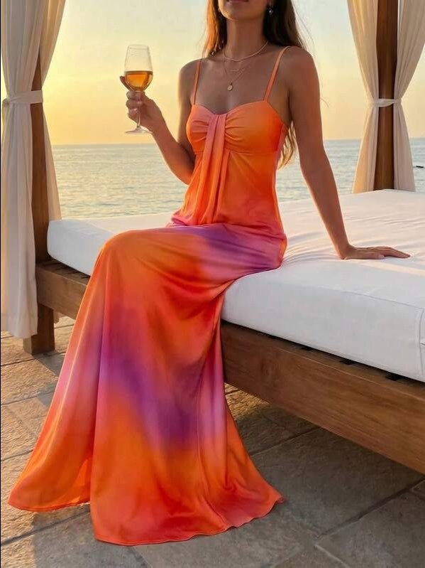 Aloruh Elegant Modest Sexy Tropical Burnt Orange Print Slip Dress For Summer Vacation, Suitable For Beach Vacation, Music Festival, Hawaii Holiday product image (3)