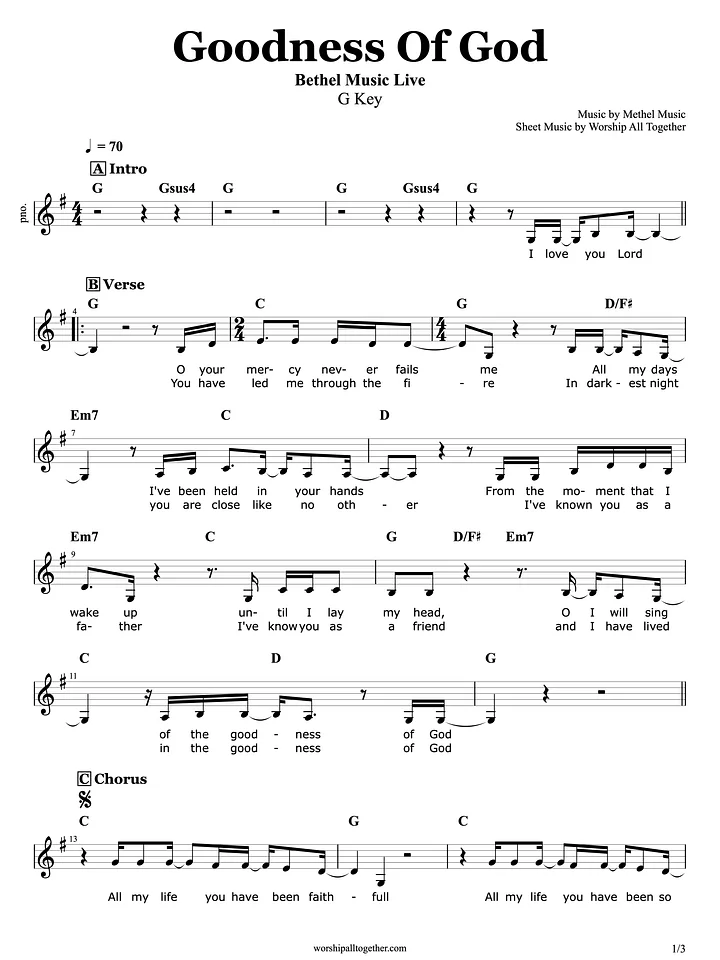 Goodness Of God (G Key) - Bethel Music | Sheet Music, Chord, Lyrics product image (1)