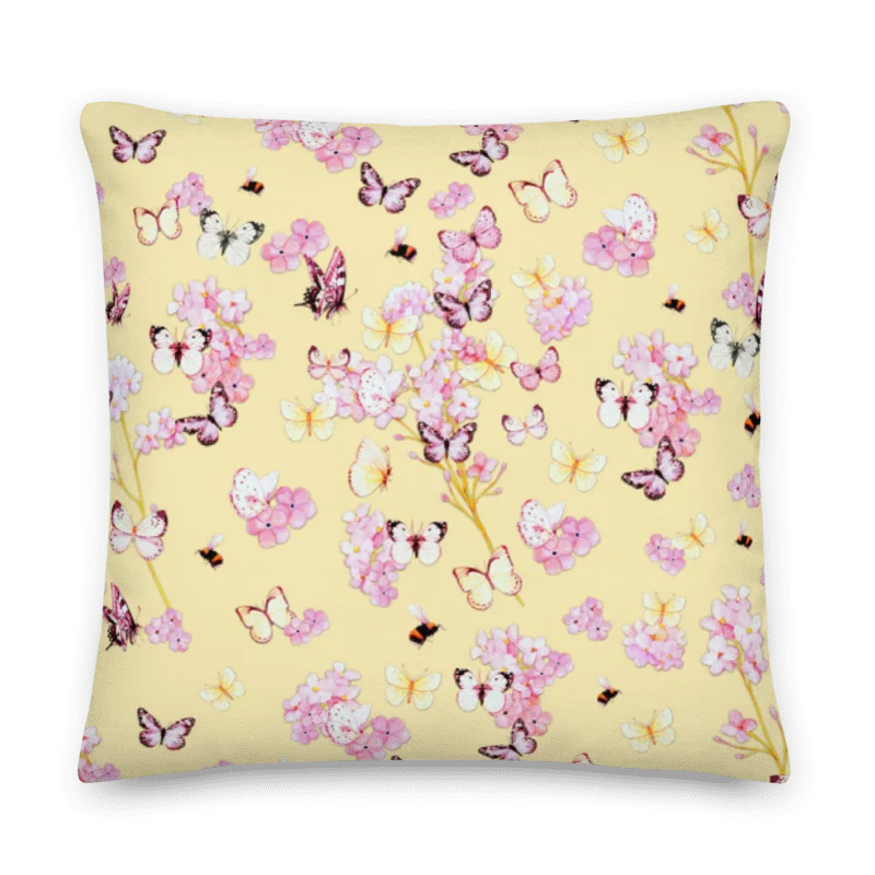 PINK BUTTERFLY GARDEN ON YELLOW SUMMER PILLOW product image (4)