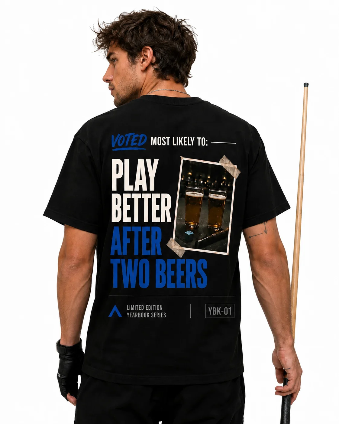 Man wearing the black Check My Rack Play Better After Two Beers Yearbook Series shirt