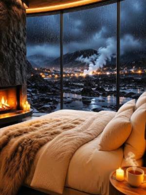 Heavy rain sounds for sleep in a luxury Iceland glass lodge with cozy fireplace ambience, relaxing rain ASMR, peaceful lava valley views, and deep sleep background sounds. Imagine sleeping here while the storm rolls across Iceland 🌧️🔥 Would you stay tonight? #rainydayvibes #rain #fireplace #cozyhome #rainyday