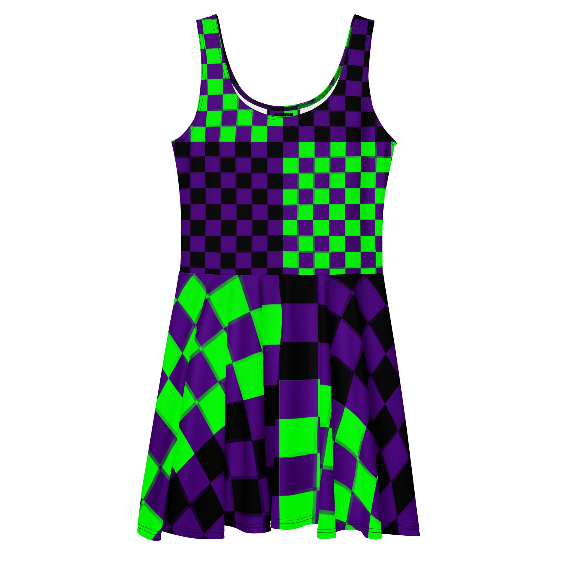 Twisted Checkers Skater Dress, Silly Clowncore Clothing, Fun Festival Outfit, Weird Rave Wear, Neon Green Purple Black Alternative Fashion product image (1)