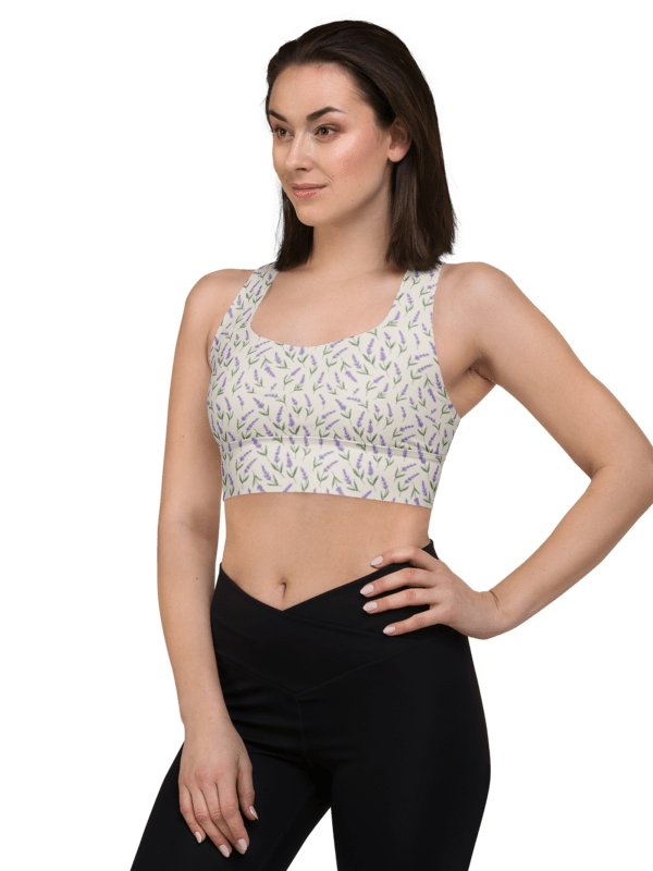 All-Over print recycled longline sports bra with lavender pattern on beige background product image (1)