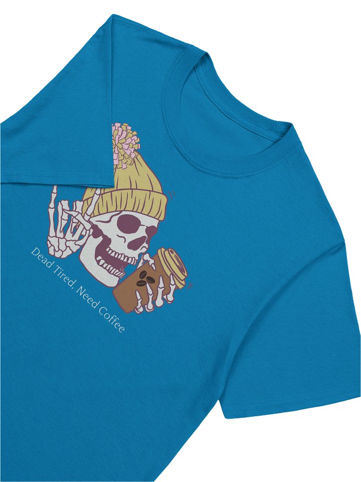 Golden “Dead Tired, Need Coffee.” Skeleton Tee – Dark Unisex Softstyle Coffee Lover shirt product image (14)