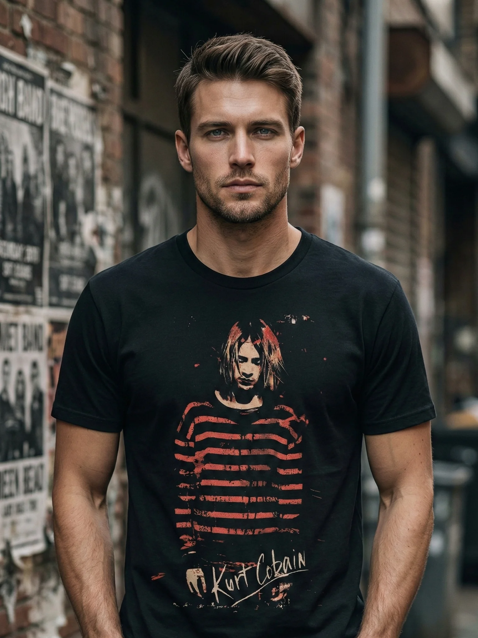 Kurt Cobain T-Shirt | Red Stripe Portrait Graphic Tee | Nirvana Grunge Vintage Collector Shirt product image (1)