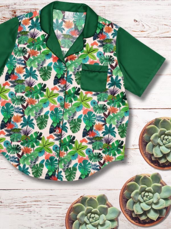Green Tropical silky Pajama Top for her product image (1)