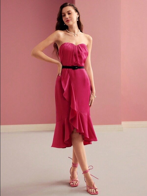 MOTF PREMIUM SOLID RUFFLE WRAP HEM TUBE COCKTAIL DRESS WITH BELT product image (1)