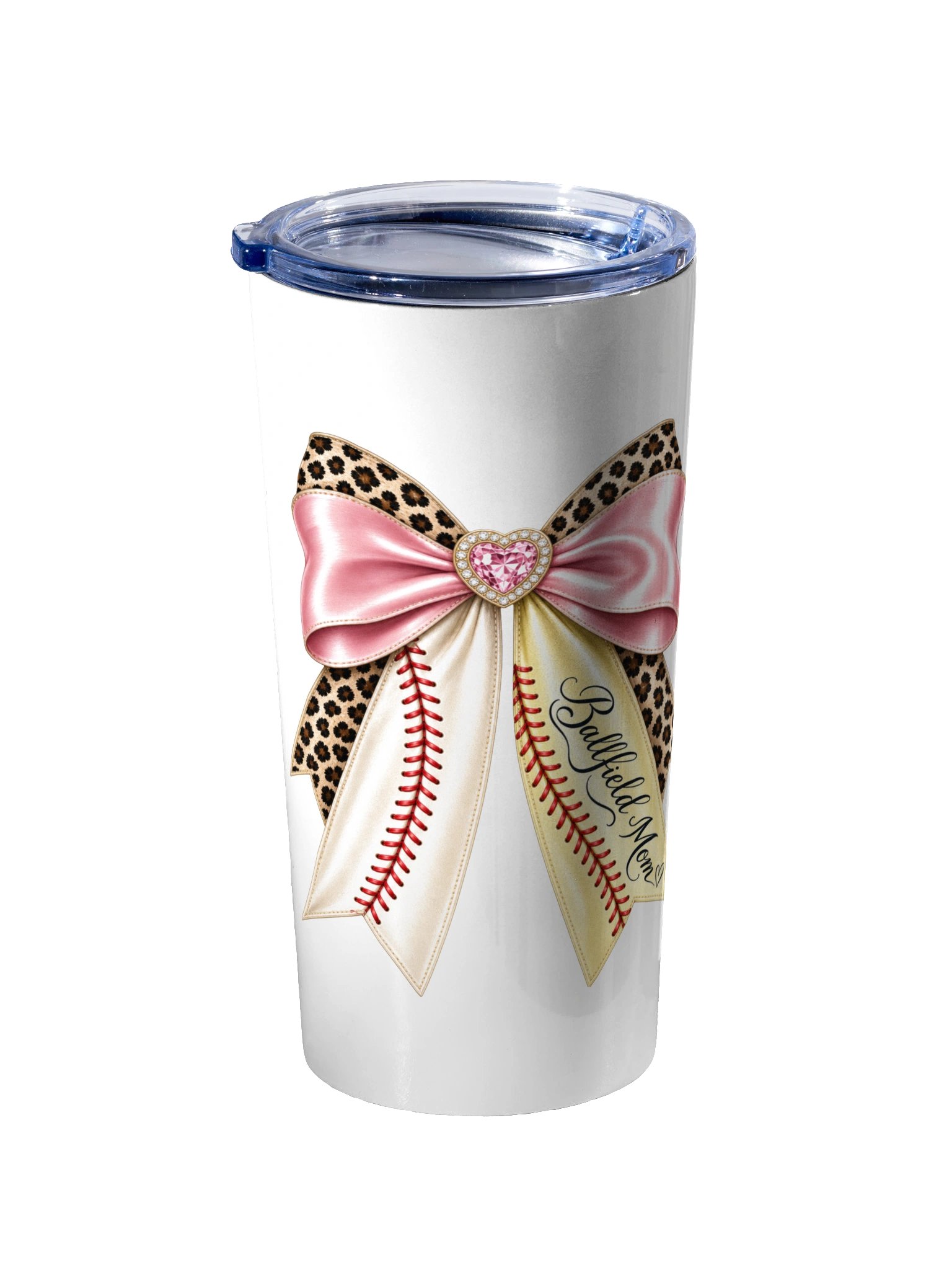 Ballfield Mom Jeweled Heart Bow Tumbler | 20oz Baseball & Softball Mom Cup product image (2)